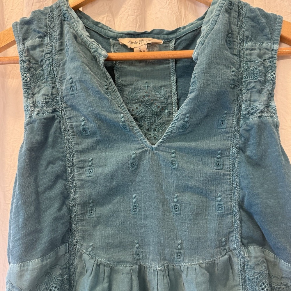 Lucky Brand Women's Sleeveless Top Size Small Crochet Boho Teal Cotton Indie - Picture 4 of 10